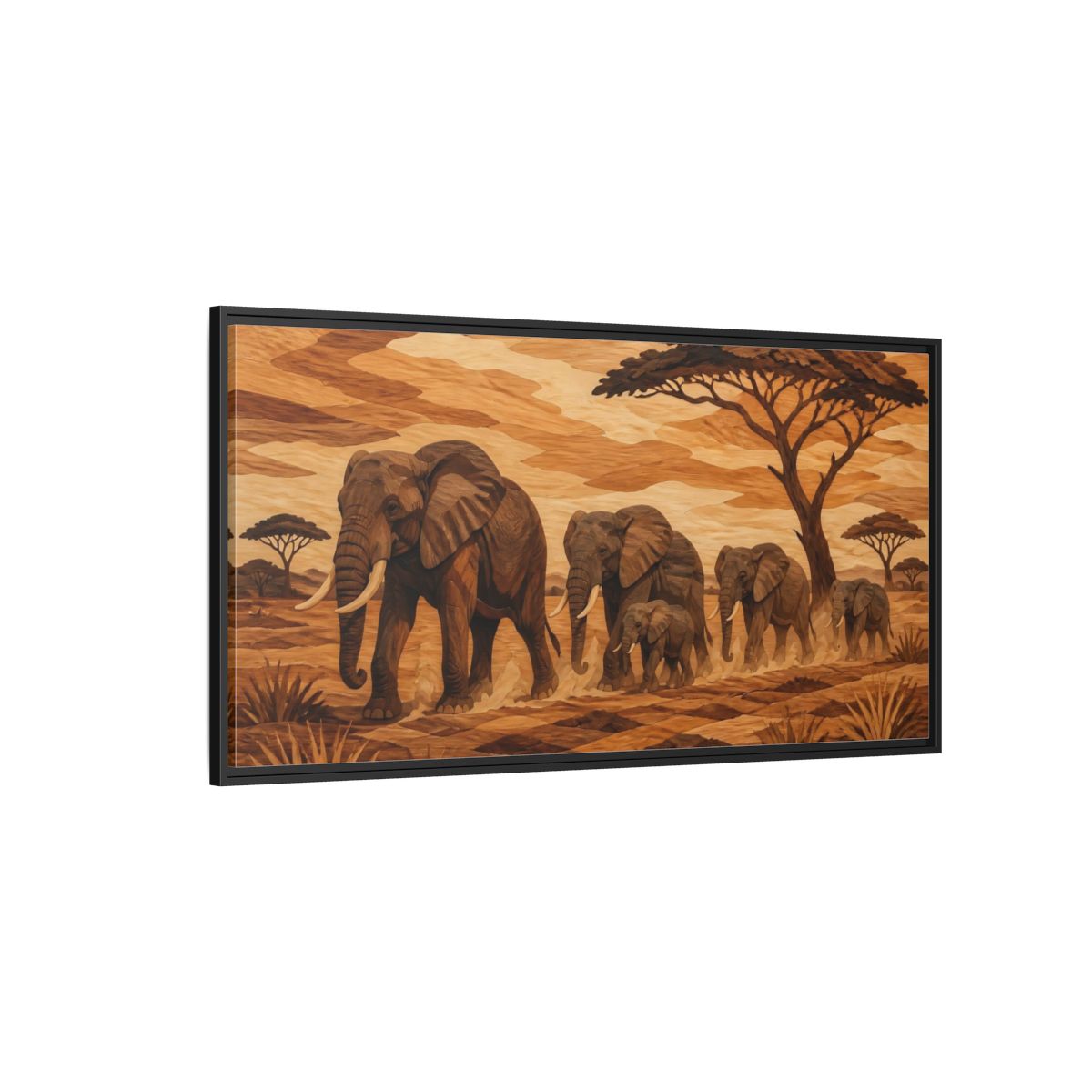 Side Mockup 5. Elephant Family Crossing shown as framed canvas print