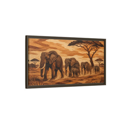Main Mockup. Elephant Family Crossing shown as framed canvas print
