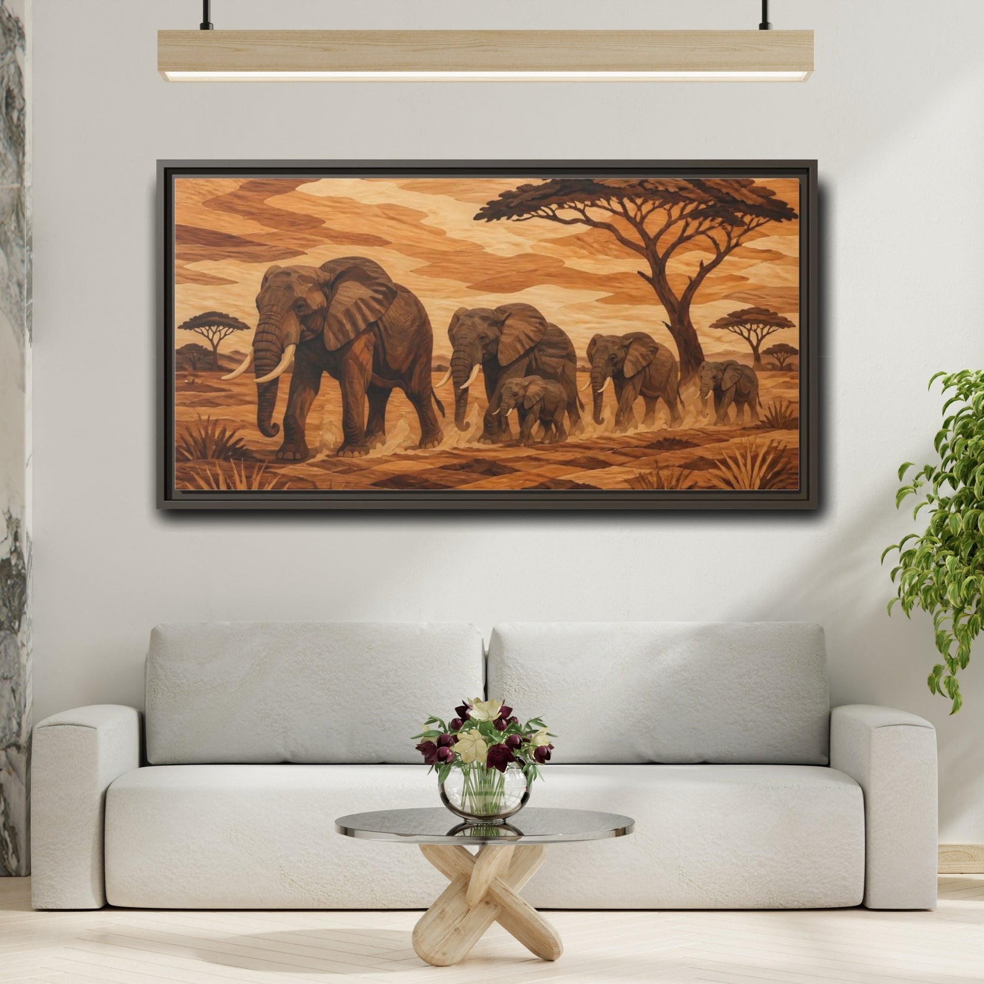 Mockup 2. Elephant Family Crossing shown as framed canvas print
