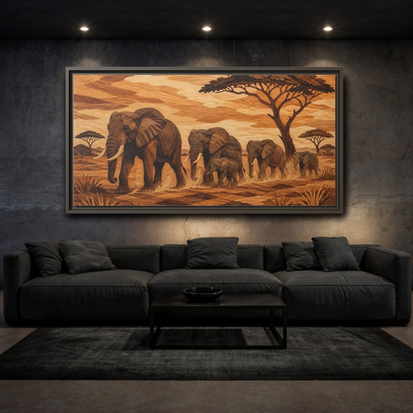 Mockup 3. Elephant Family Crossing shown as framed canvas print