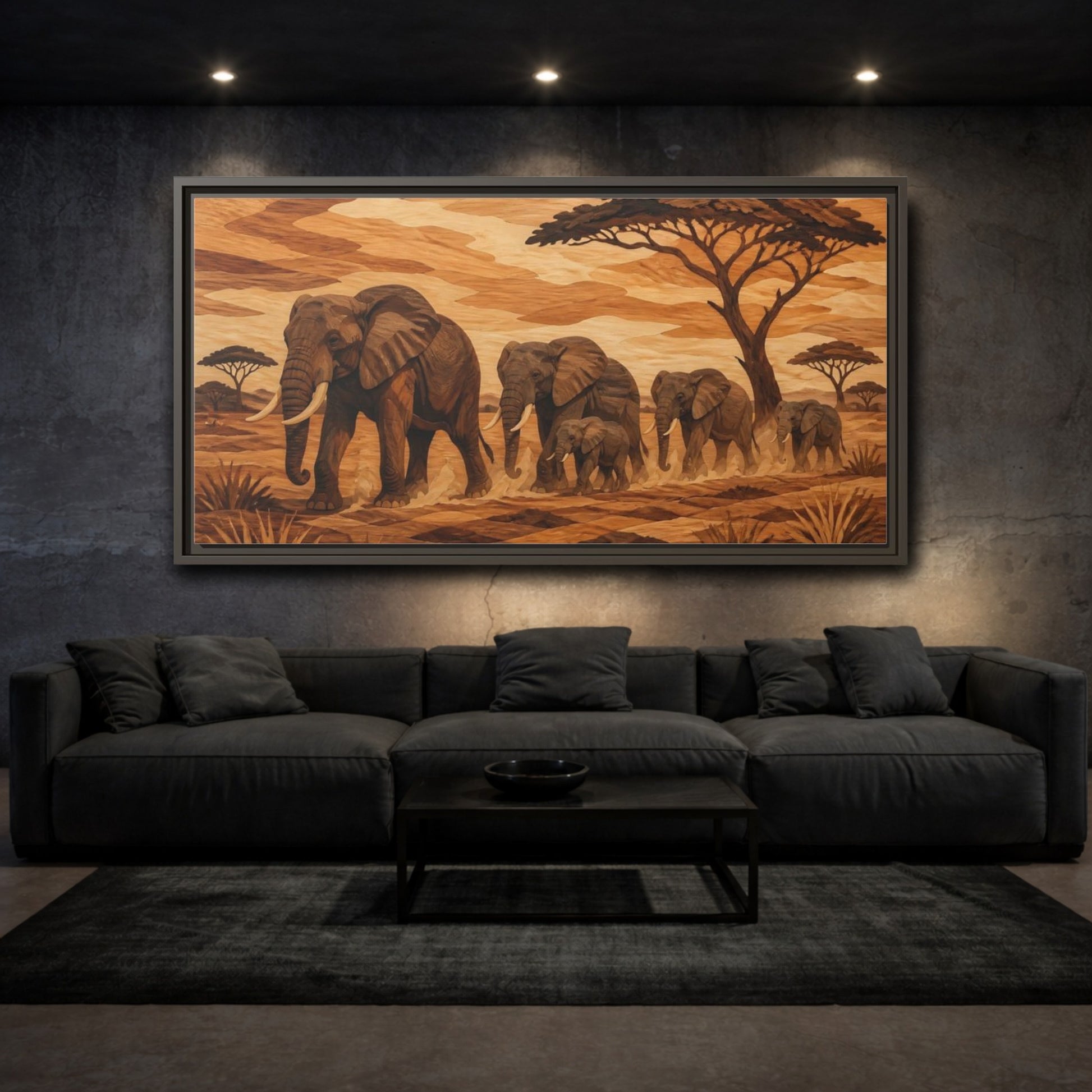Mockup 3. Elephant Family Crossing shown as framed canvas print