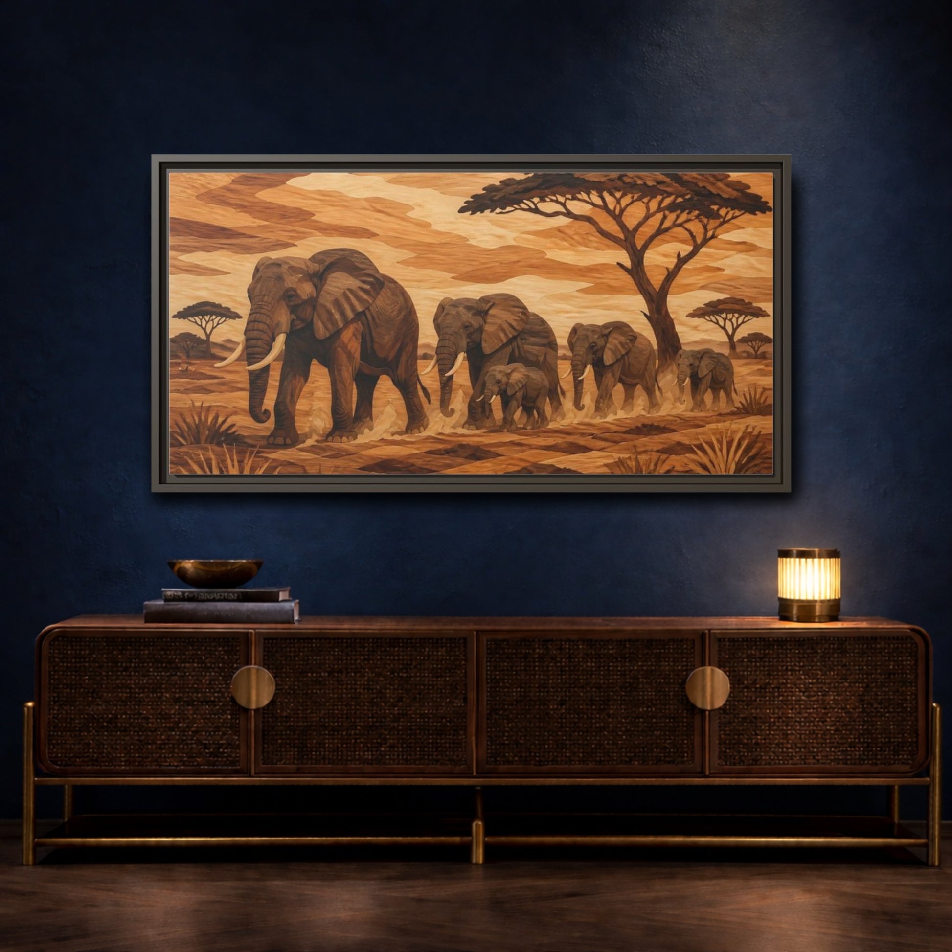 Mockup 4. Elephant Family Crossing shown as framed canvas print