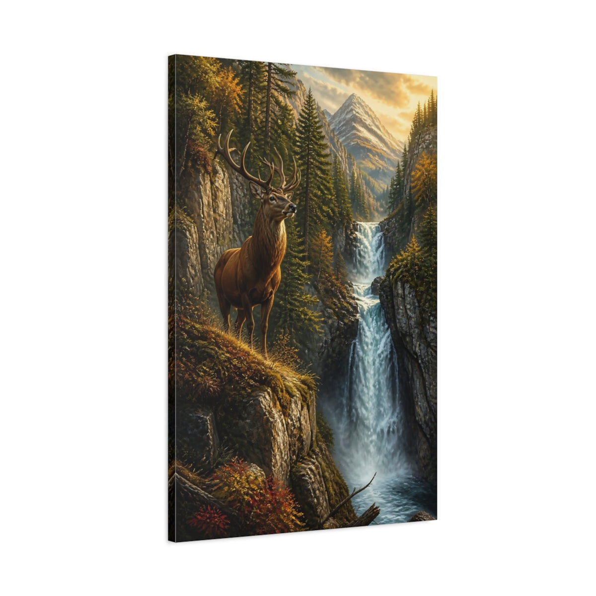 Main Mockup. Elk At Waterfall Animals shown as canvas print