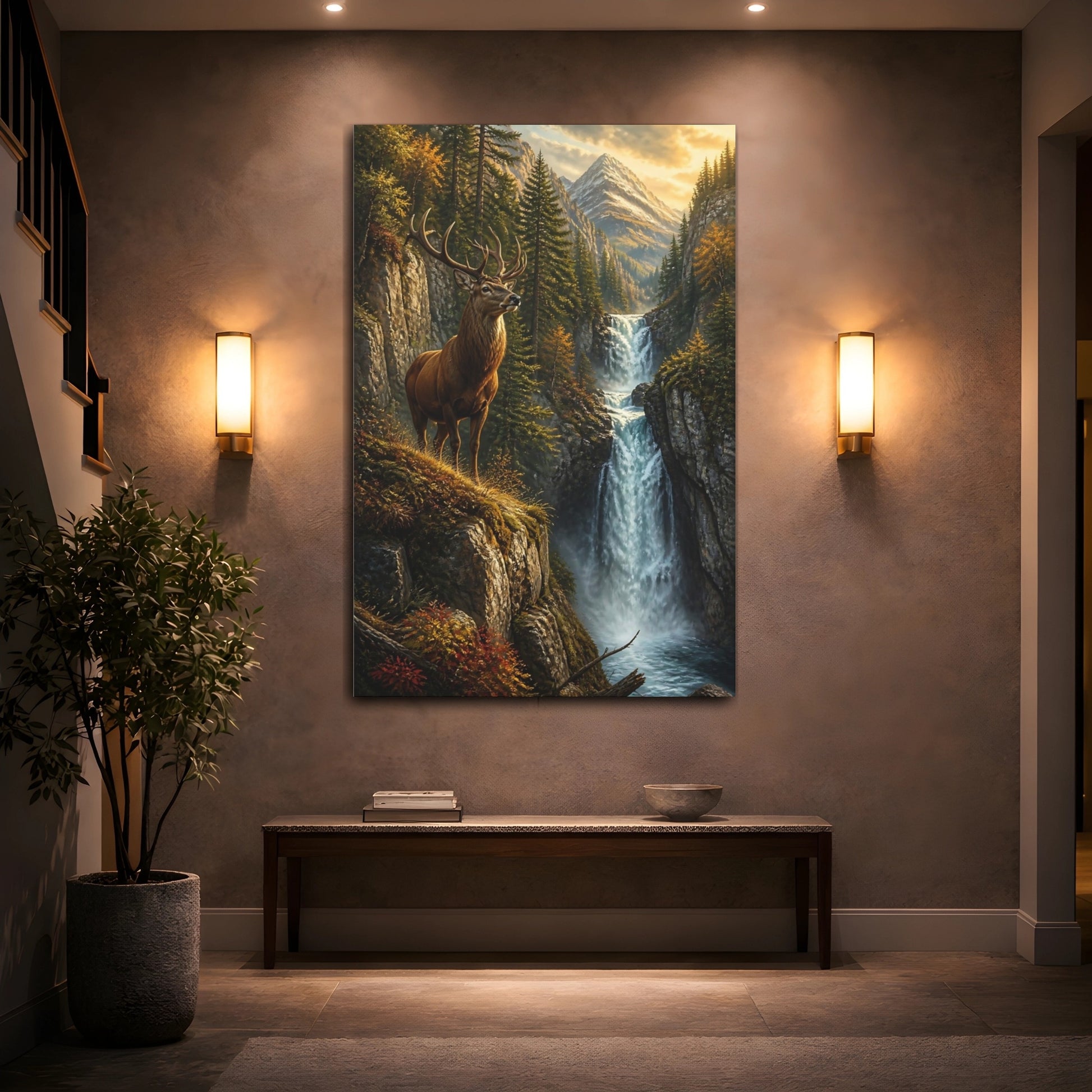 Mockup 2. Elk At Waterfall Animals shown as canvas print