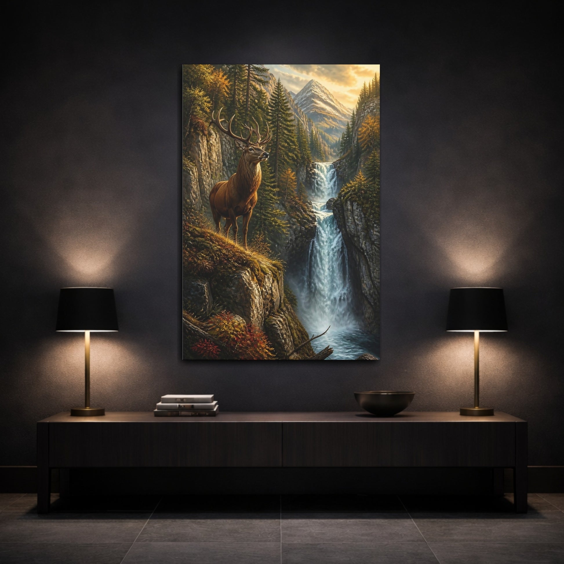 Mockup 3. Elk At Waterfall Animals shown as canvas print