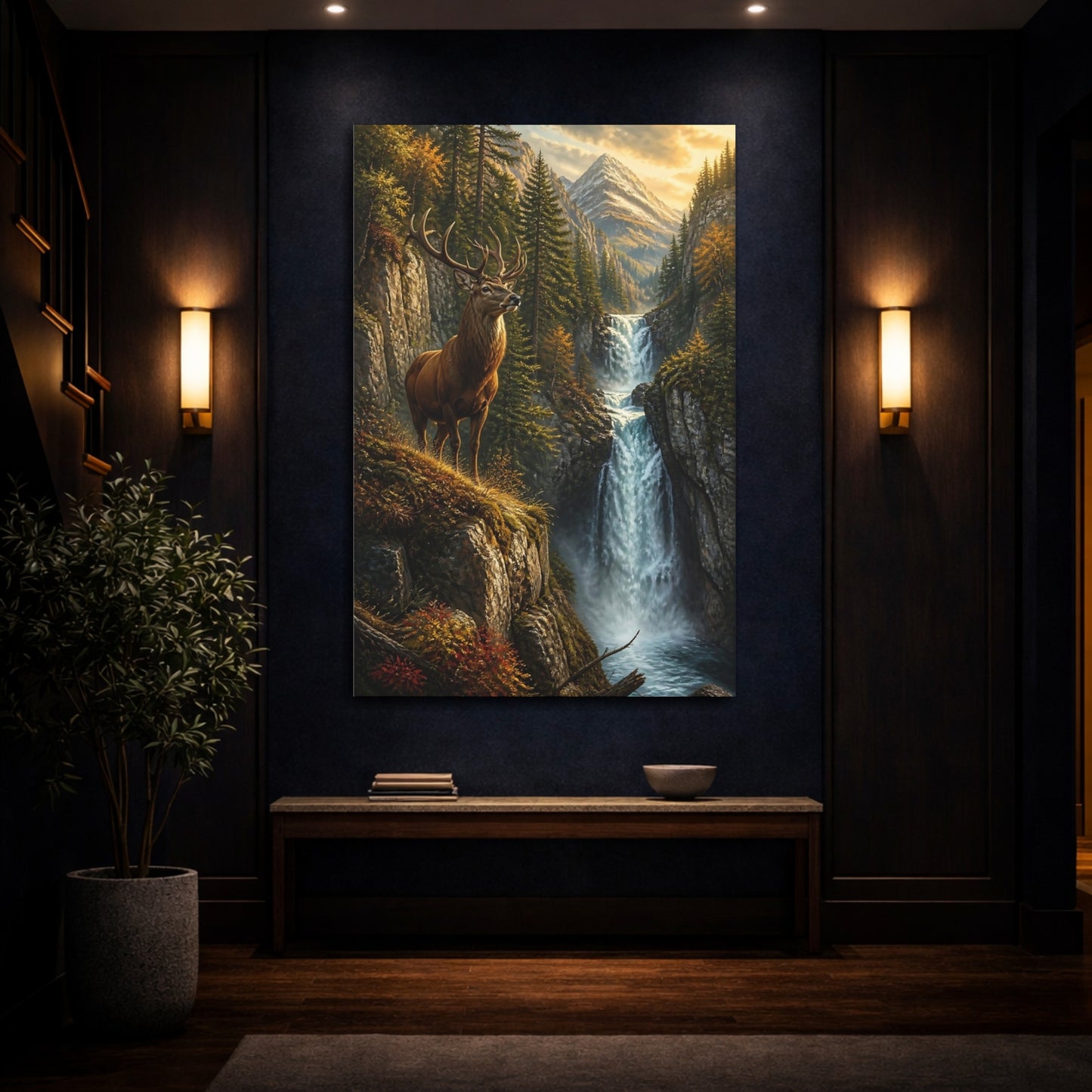 Mockup 4. Elk At Waterfall Animals shown as canvas print