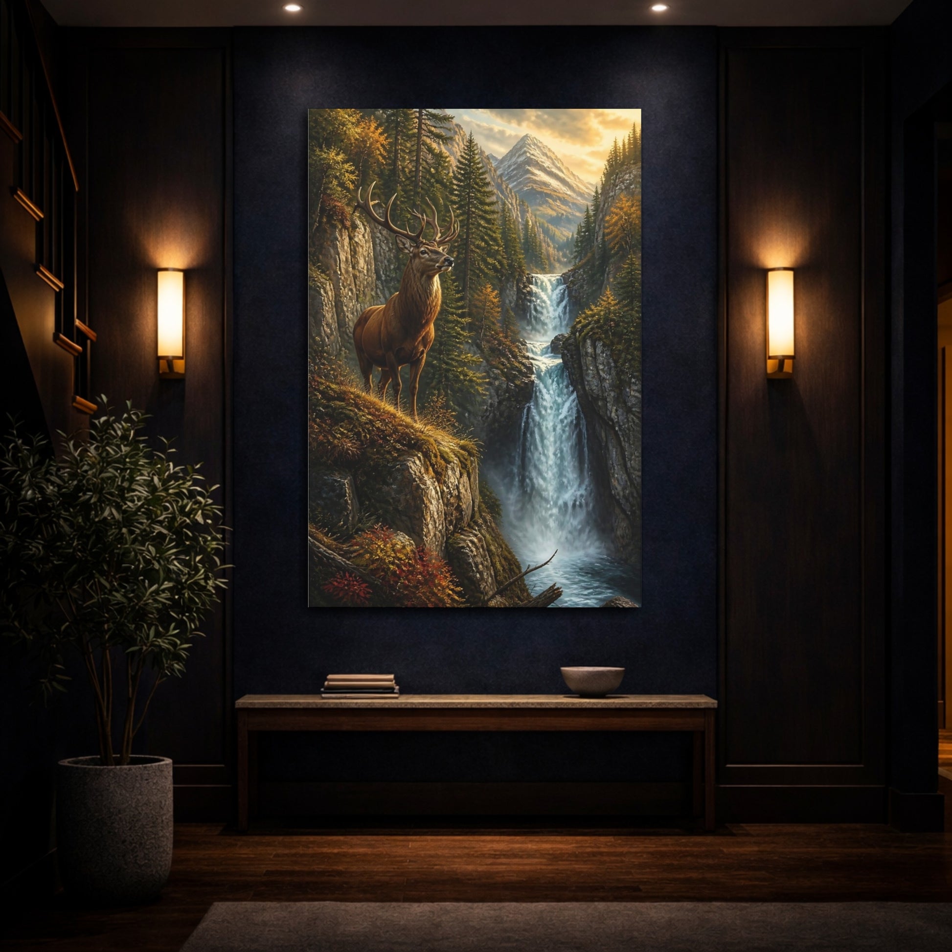 Mockup 4. Elk At Waterfall Animals shown as canvas print