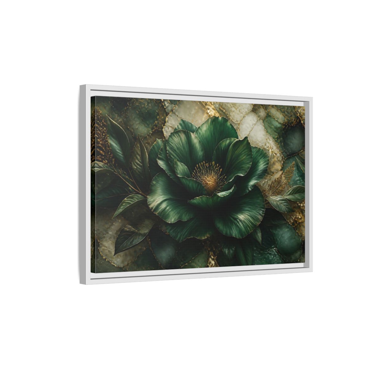 Side Mockup 1. Emerald Bloom With Gold shown as framed canvas print