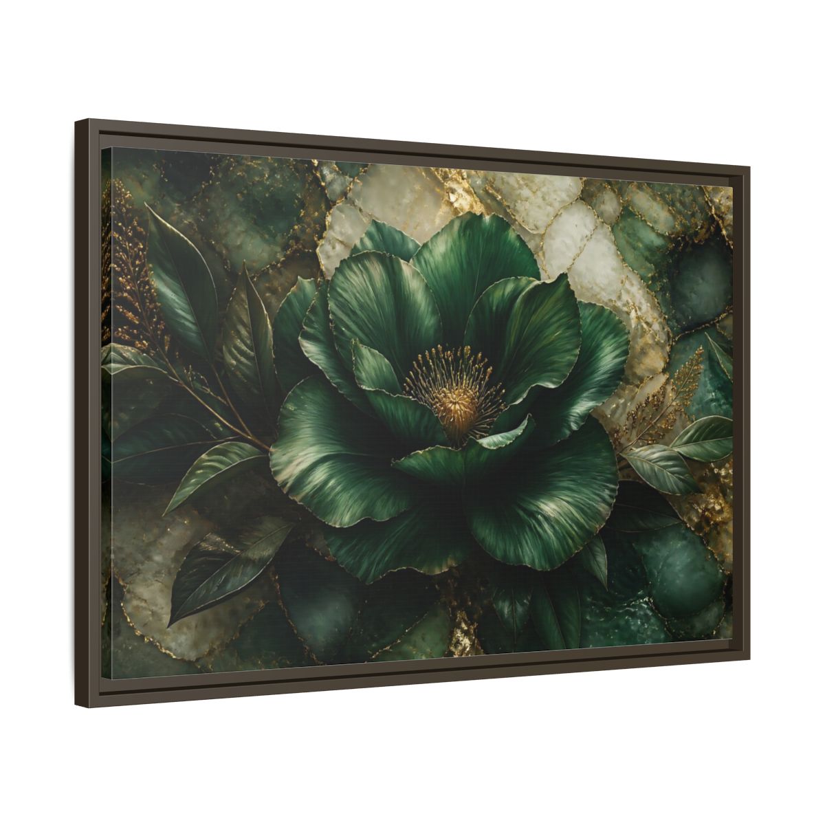 Side Mockup 11. Emerald Bloom With Gold shown as framed canvas print