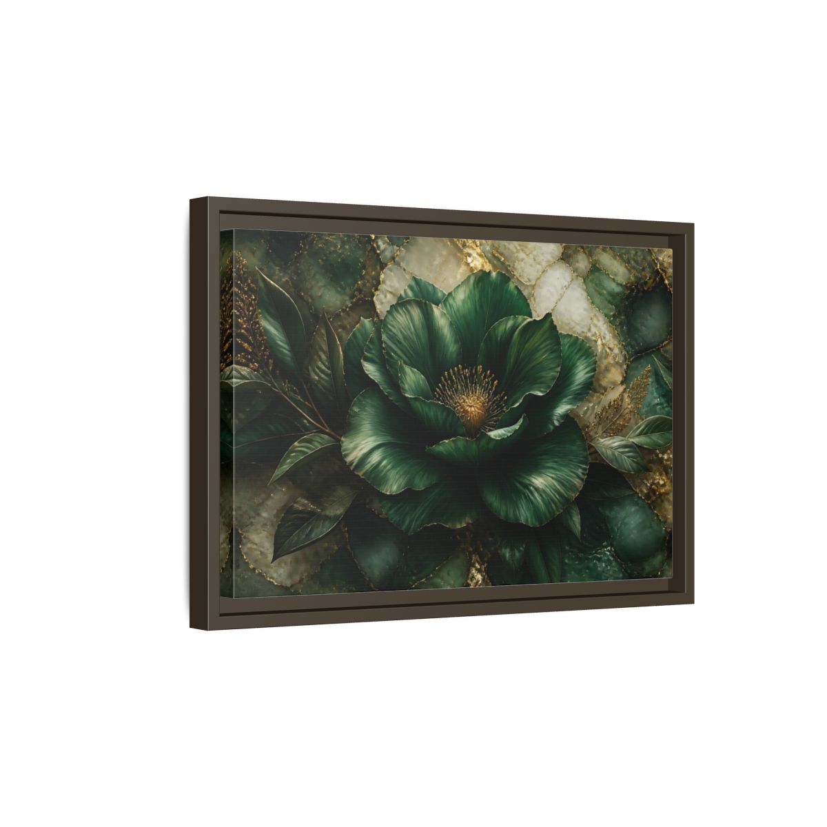 Side Mockup 5. Emerald Bloom With Gold shown as framed canvas print