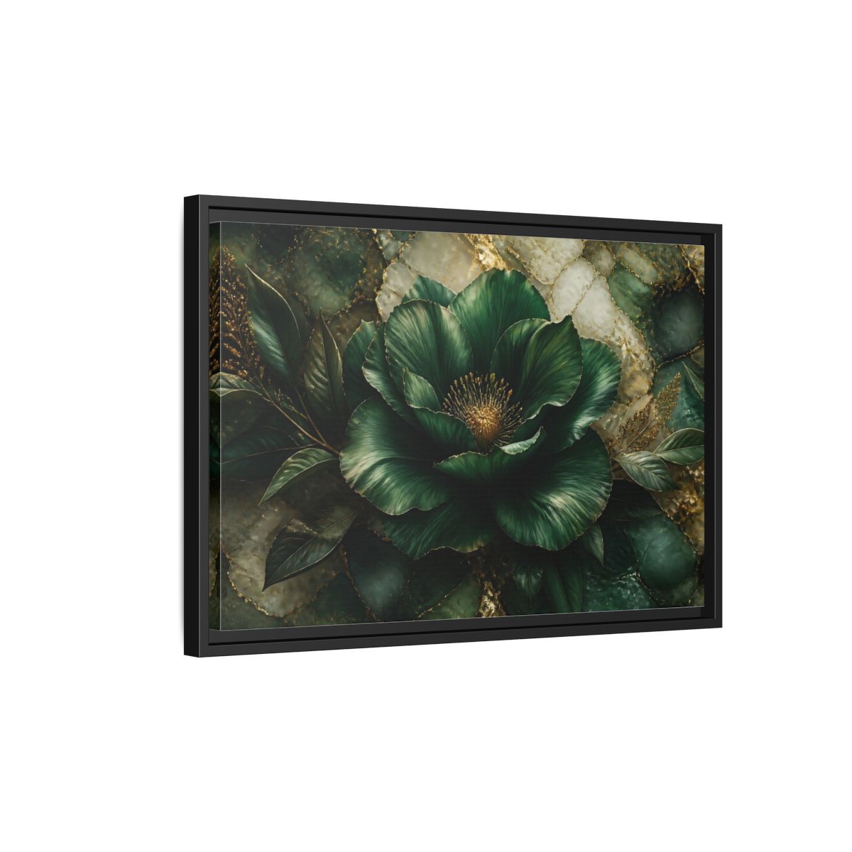 Side Mockup 3. Emerald Bloom With Gold shown as framed canvas print