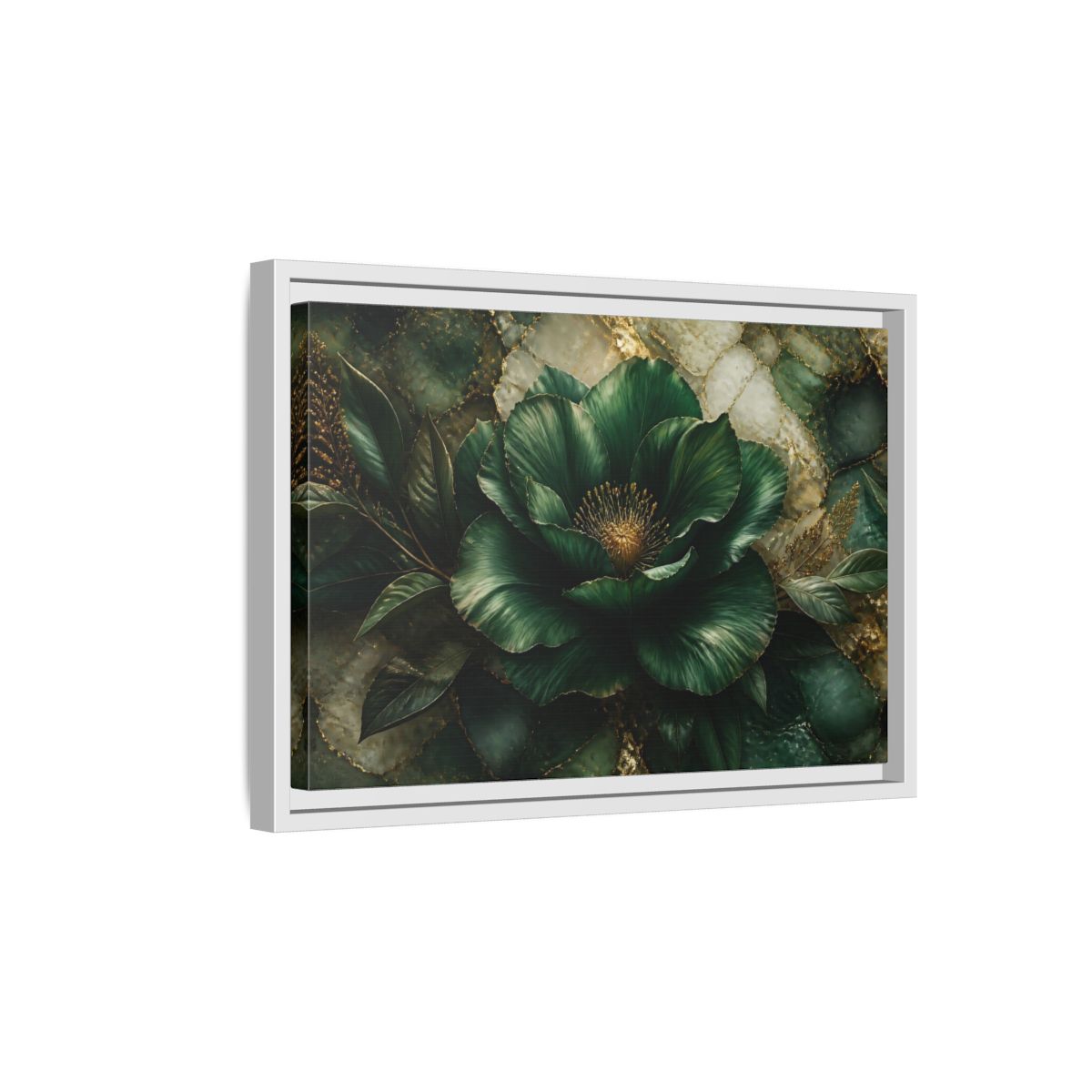 Side Mockup 4. Emerald Bloom With Gold shown as framed canvas print