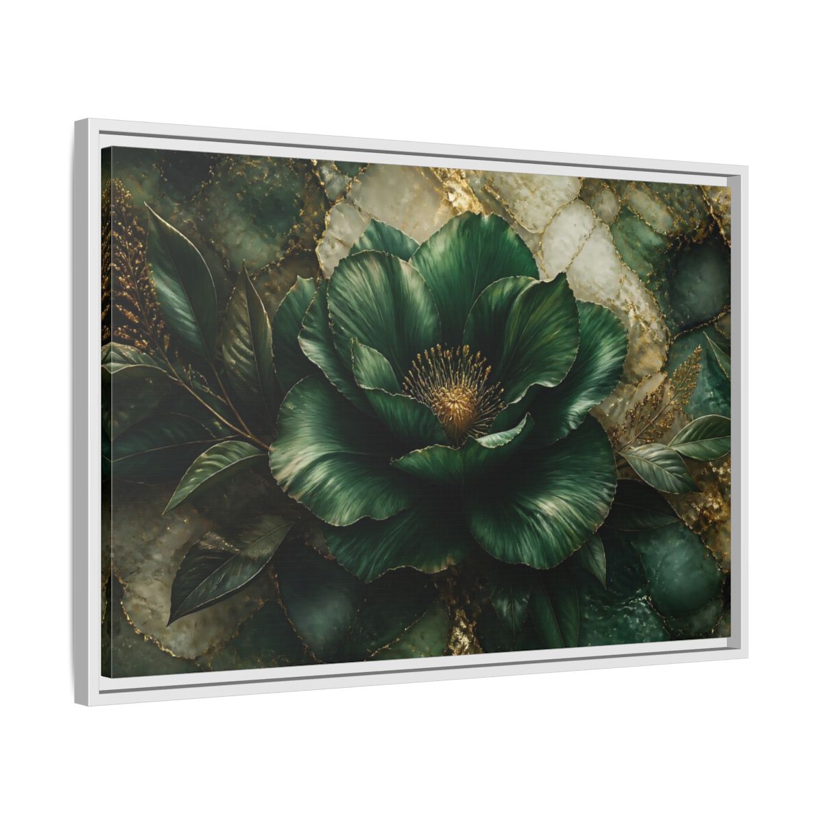 Side Mockup 10. Emerald Bloom With Gold shown as framed canvas print