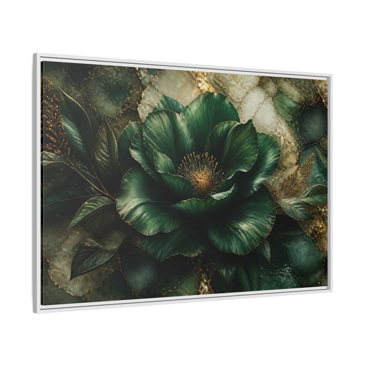 Side Mockup 7. Emerald Bloom With Gold shown as framed canvas print