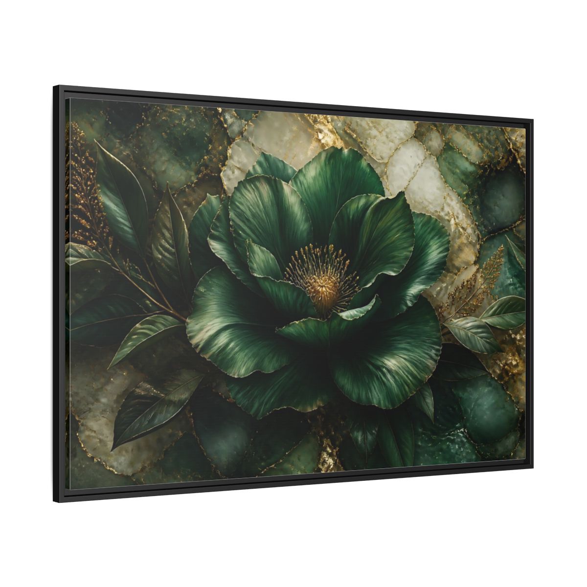 Side Mockup 12. Emerald Bloom With Gold shown as framed canvas print