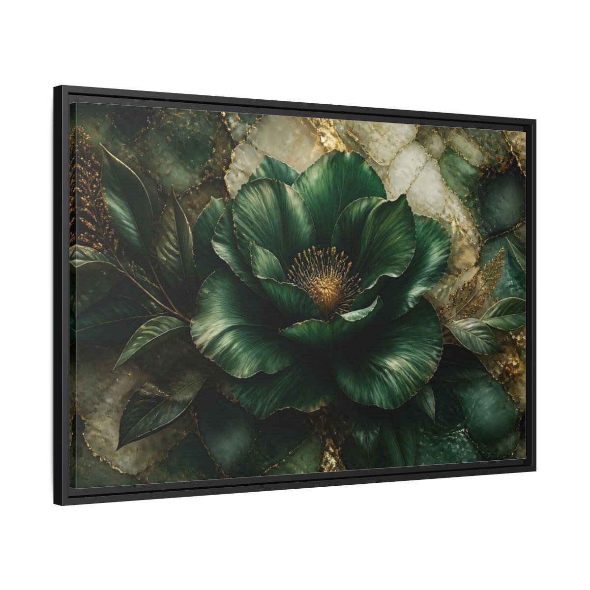 Side Mockup 13. Emerald Bloom With Gold shown as framed canvas print