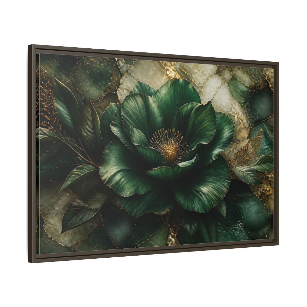 Main Mockup. Emerald Bloom With Gold shown as framed canvas print