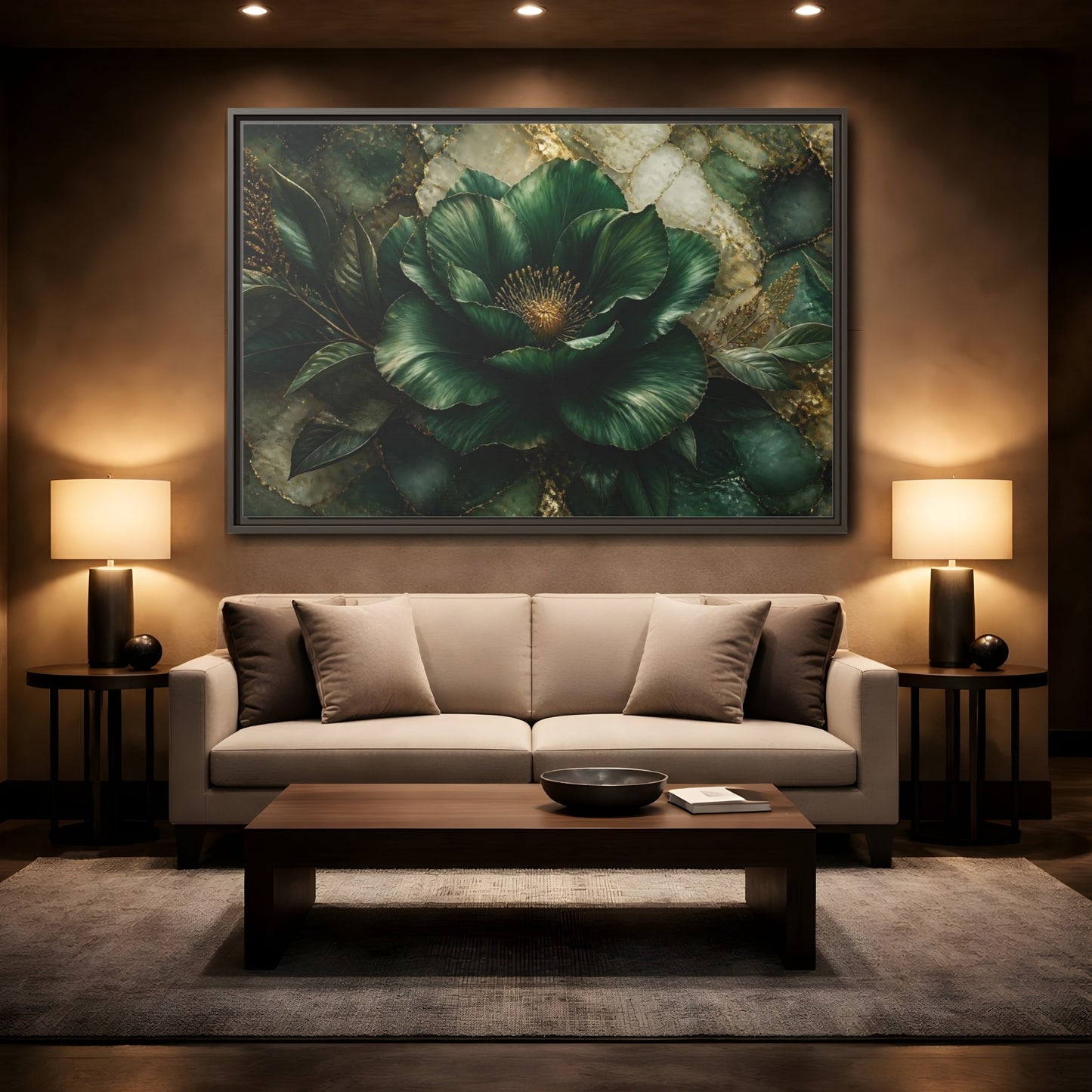 Mockup 2. Emerald Bloom With Gold shown as framed canvas print
