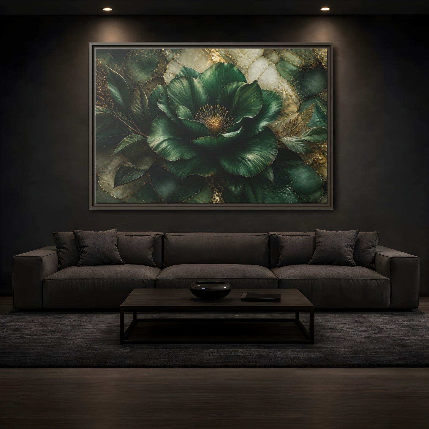 Mockup 3. Emerald Bloom With Gold shown as framed canvas print