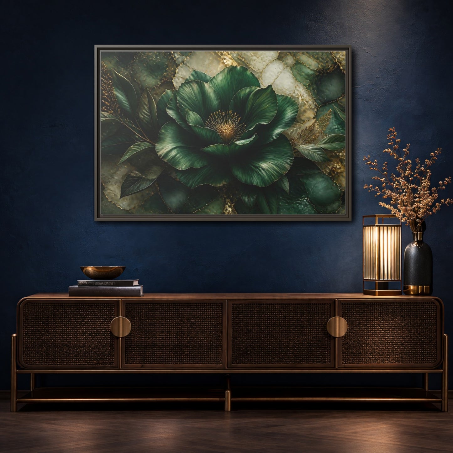Mockup 4. Emerald Bloom With Gold shown as framed canvas print