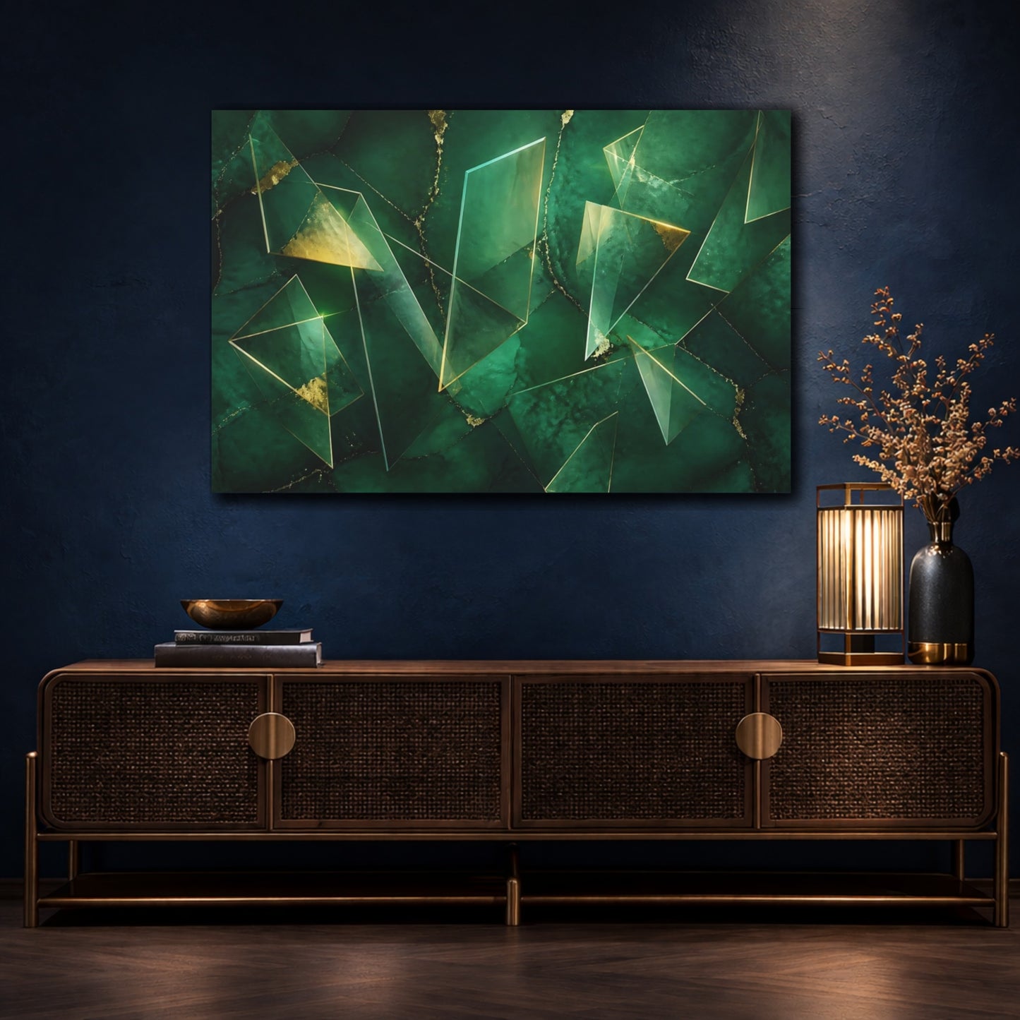 Mockup 4. Emerald Geometric Prisms shown as canvas print