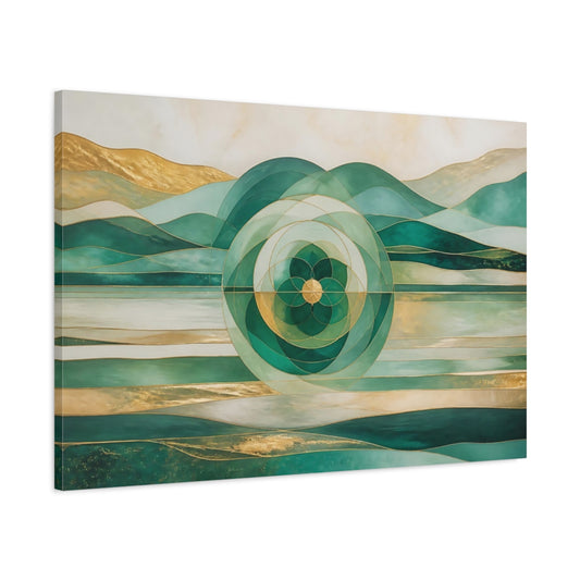 Main Mockup. Emerald Horizon Mandala shown as canvas print
