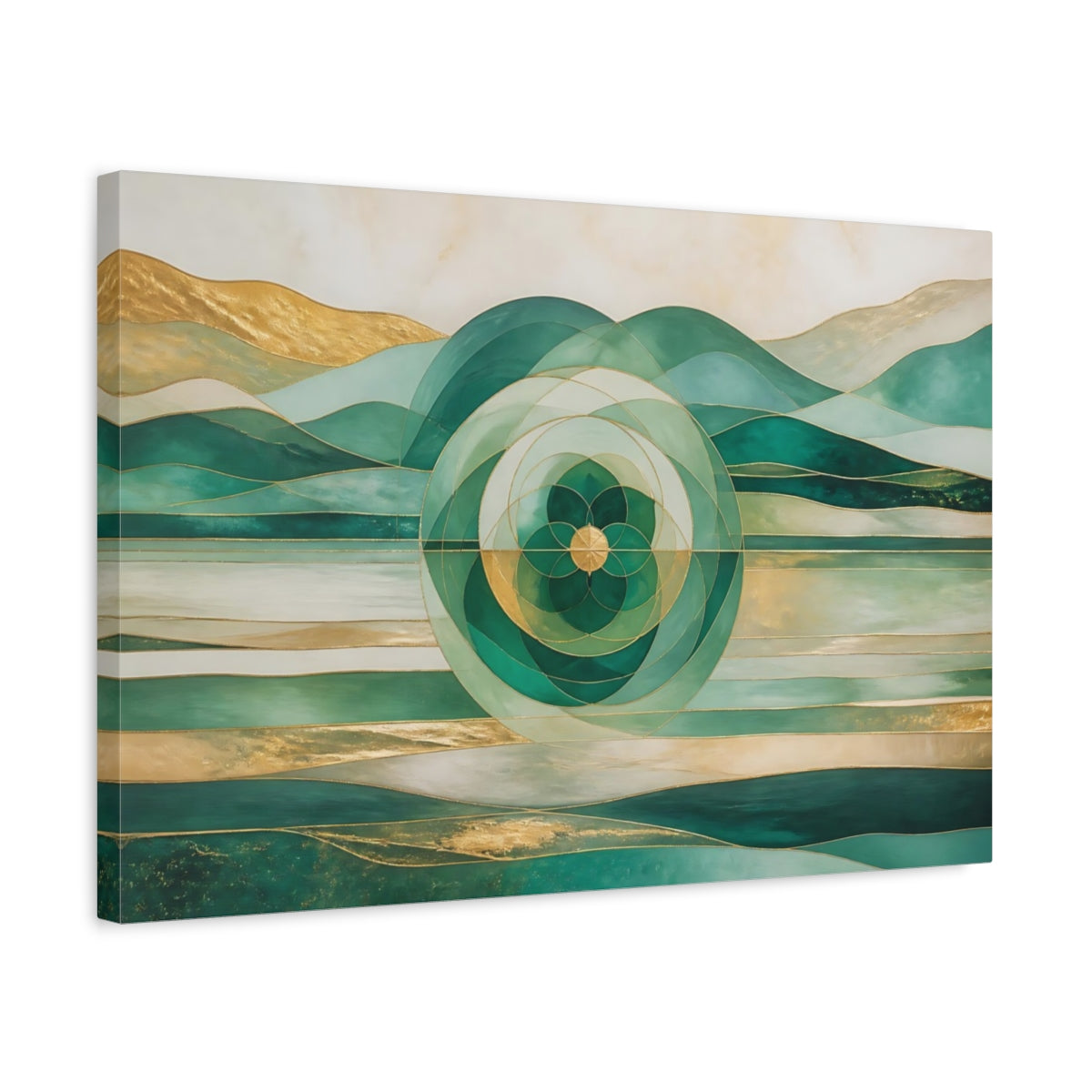 Side Mockup 3. Emerald Horizon Mandala shown as canvas print