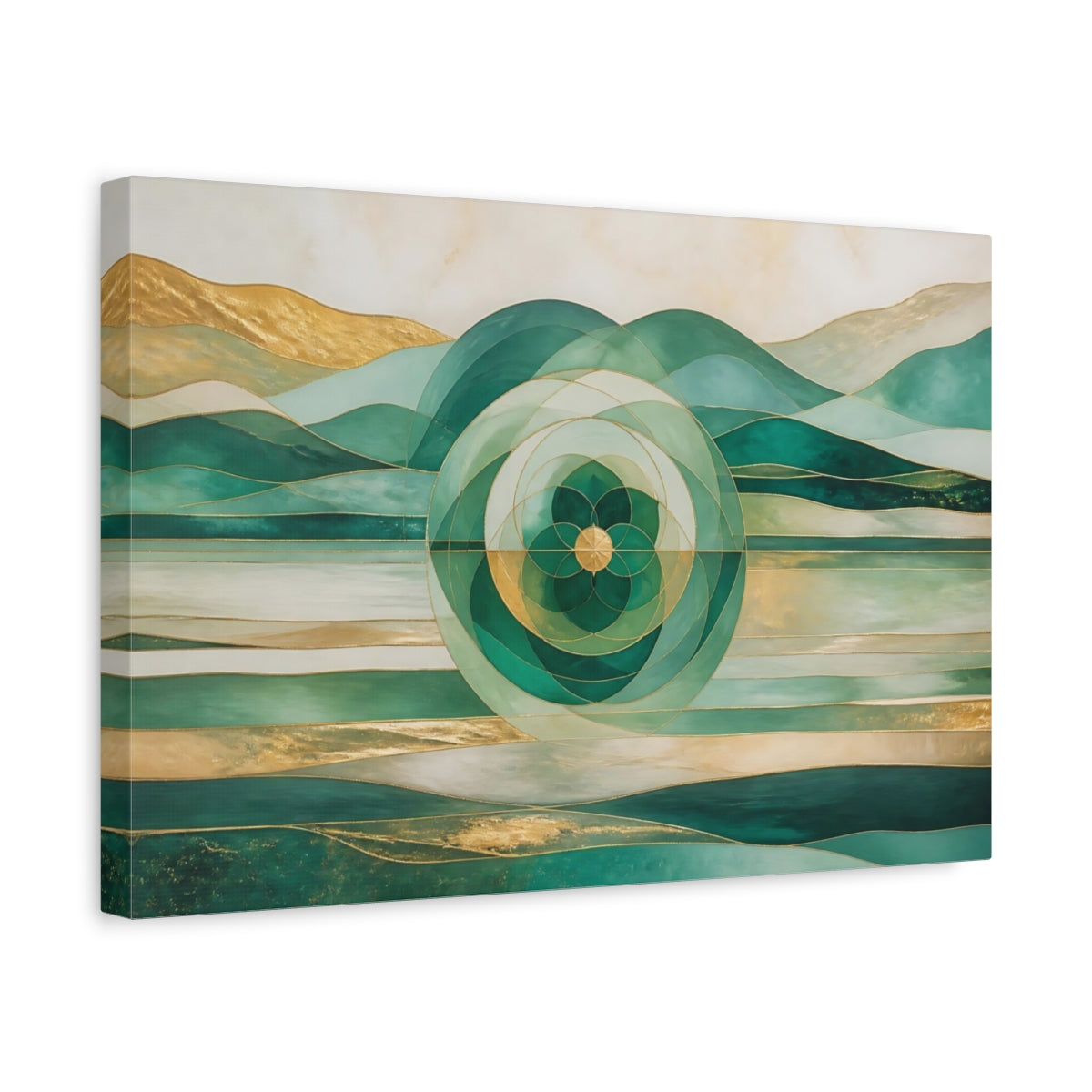 Side Mockup 4. Emerald Horizon Mandala shown as canvas print