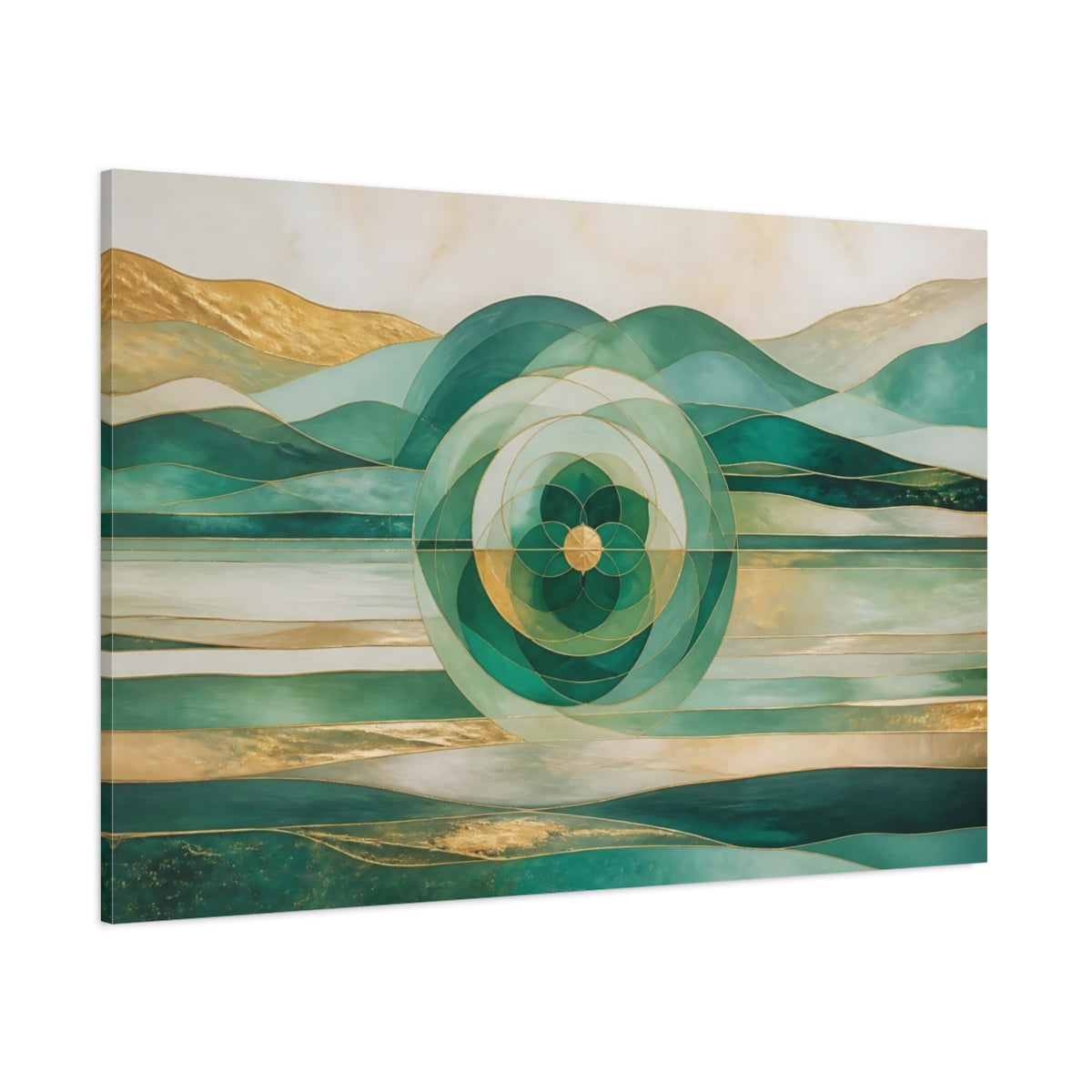 Side Mockup 1. Emerald Horizon Mandala shown as canvas print