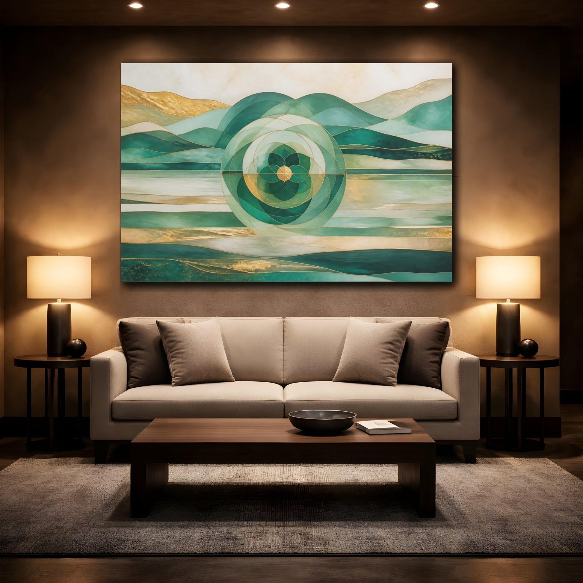 Mockup 2. Emerald Horizon Mandala shown as canvas print