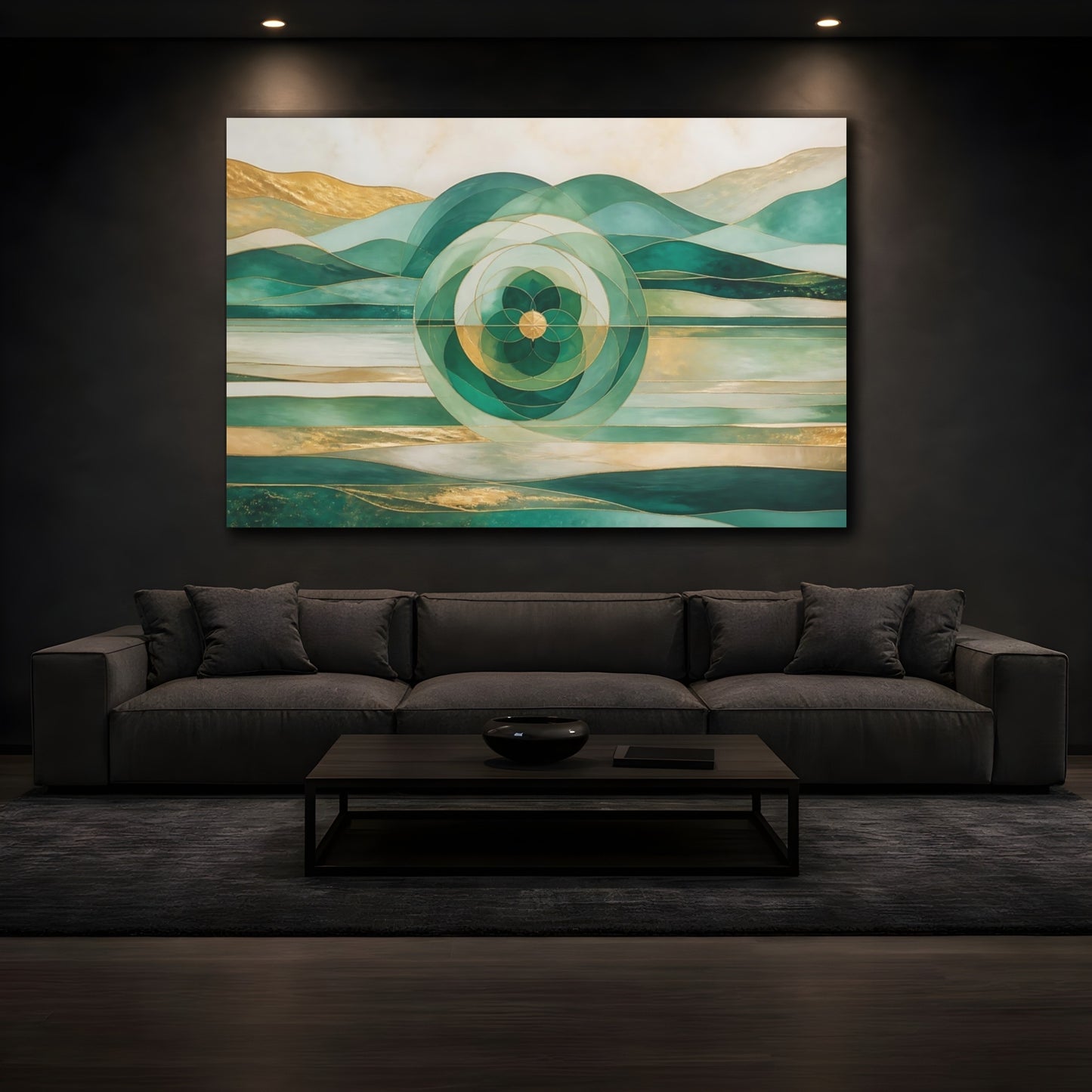 Mockup 3. Emerald Horizon Mandala shown as canvas print