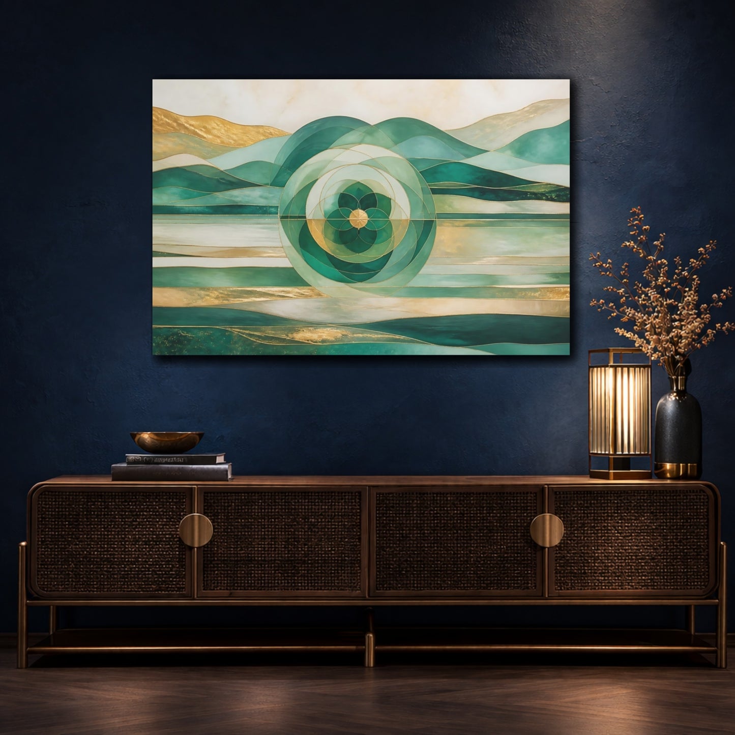 Mockup 4. Emerald Horizon Mandala shown as canvas print