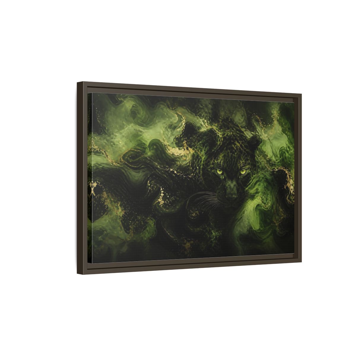 Side Mockup 2. Emerald Jungle Cat shown as framed canvas print