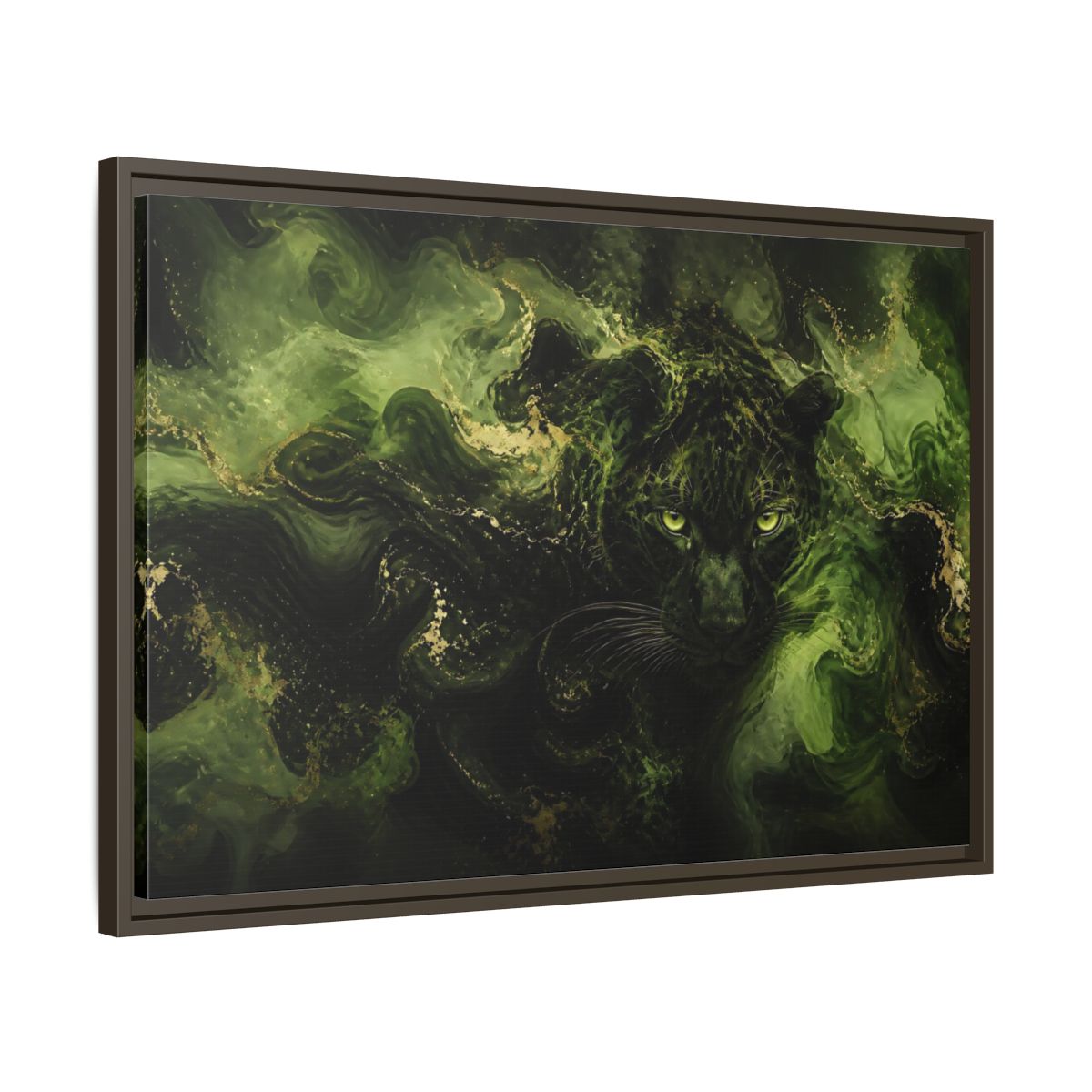 Side Mockup 11. Emerald Jungle Cat shown as framed canvas print