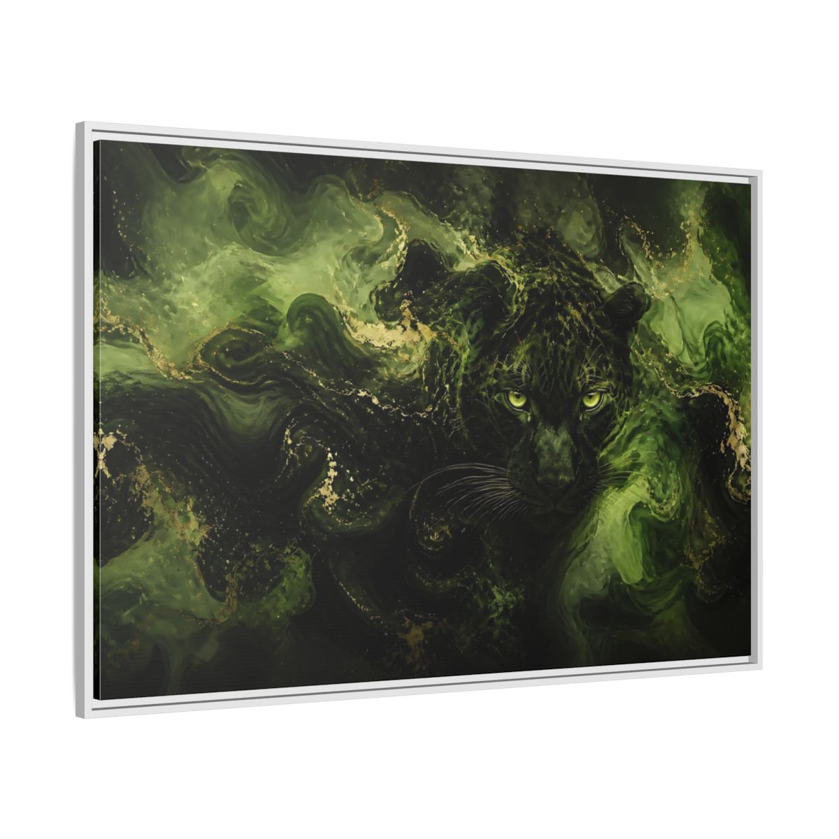 Side Mockup 7. Emerald Jungle Cat shown as framed canvas print