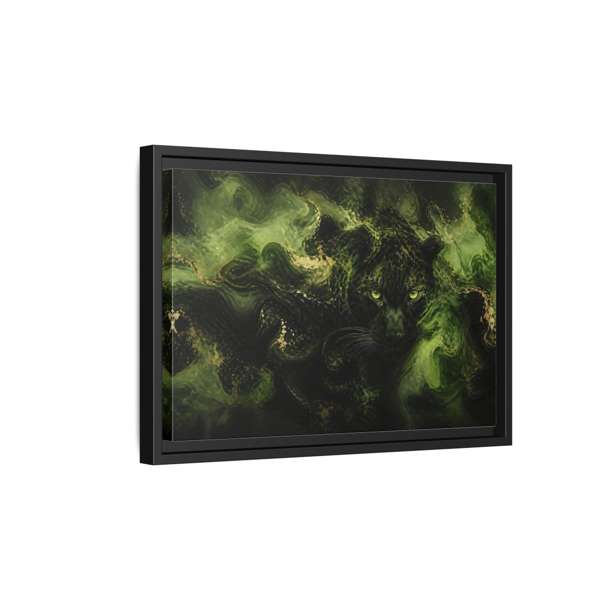 Side Mockup 6. Emerald Jungle Cat shown as framed canvas print