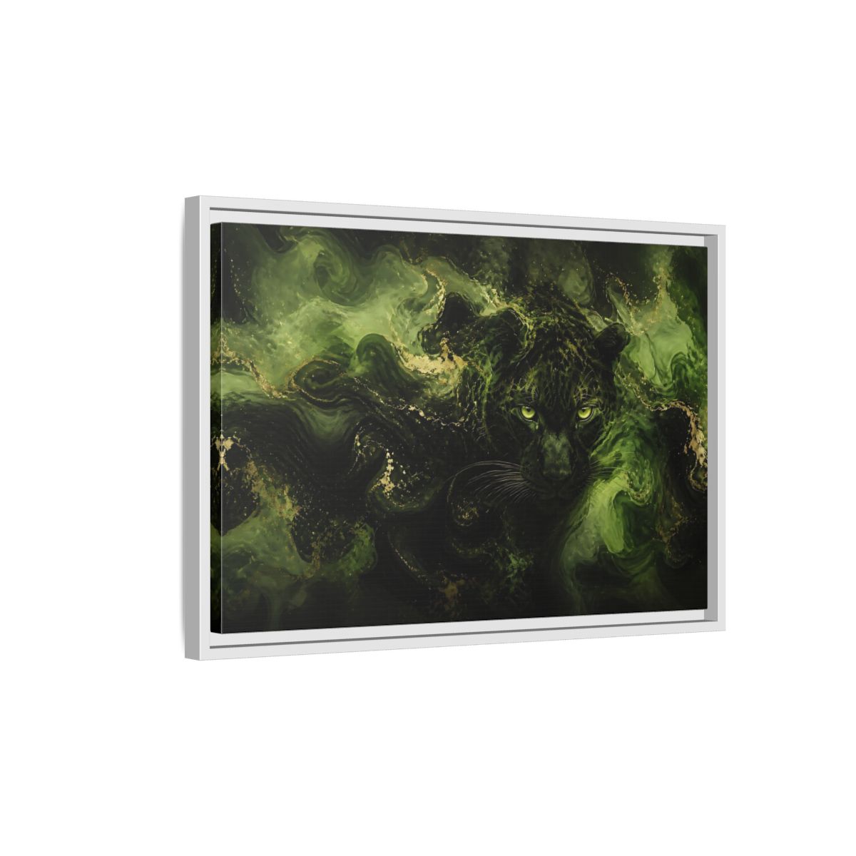 Side Mockup 1. Emerald Jungle Cat shown as framed canvas print