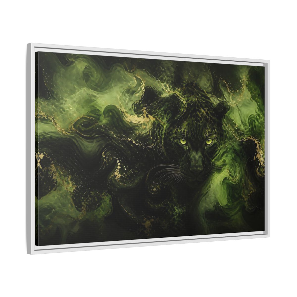 Side Mockup 9. Emerald Jungle Cat shown as framed canvas print
