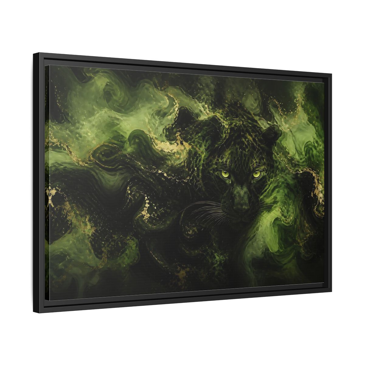 Side Mockup 14. Emerald Jungle Cat shown as framed canvas print