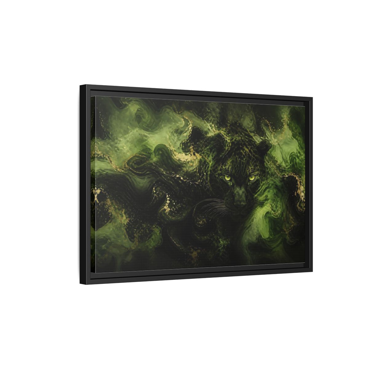 Side Mockup 3. Emerald Jungle Cat shown as framed canvas print
