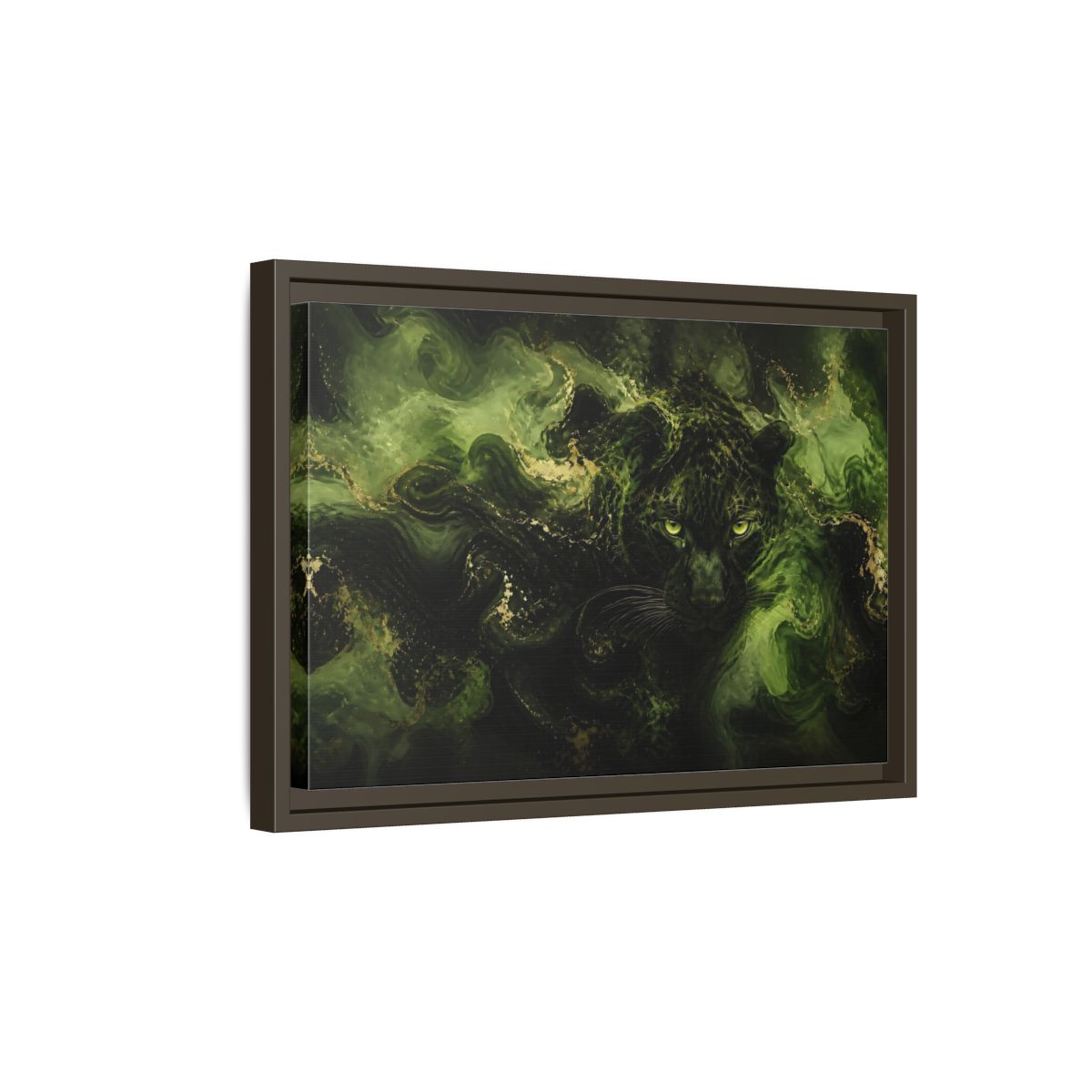 Side Mockup 5. Emerald Jungle Cat shown as framed canvas print