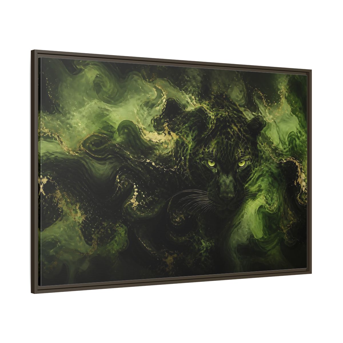 Side Mockup 8. Emerald Jungle Cat shown as framed canvas print