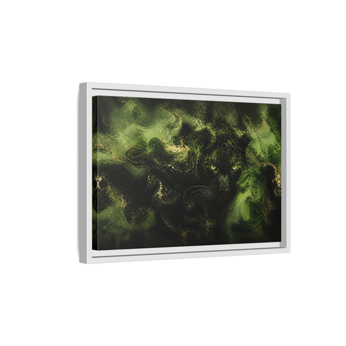 Side Mockup 4. Emerald Jungle Cat shown as framed canvas print