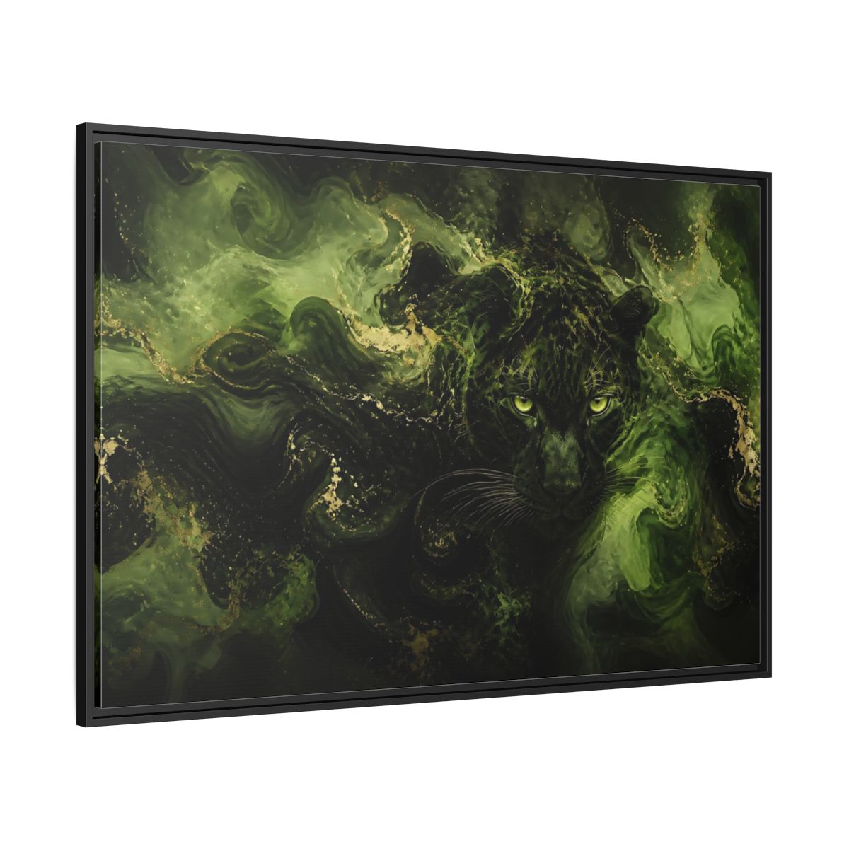 Side Mockup 12. Emerald Jungle Cat shown as framed canvas print