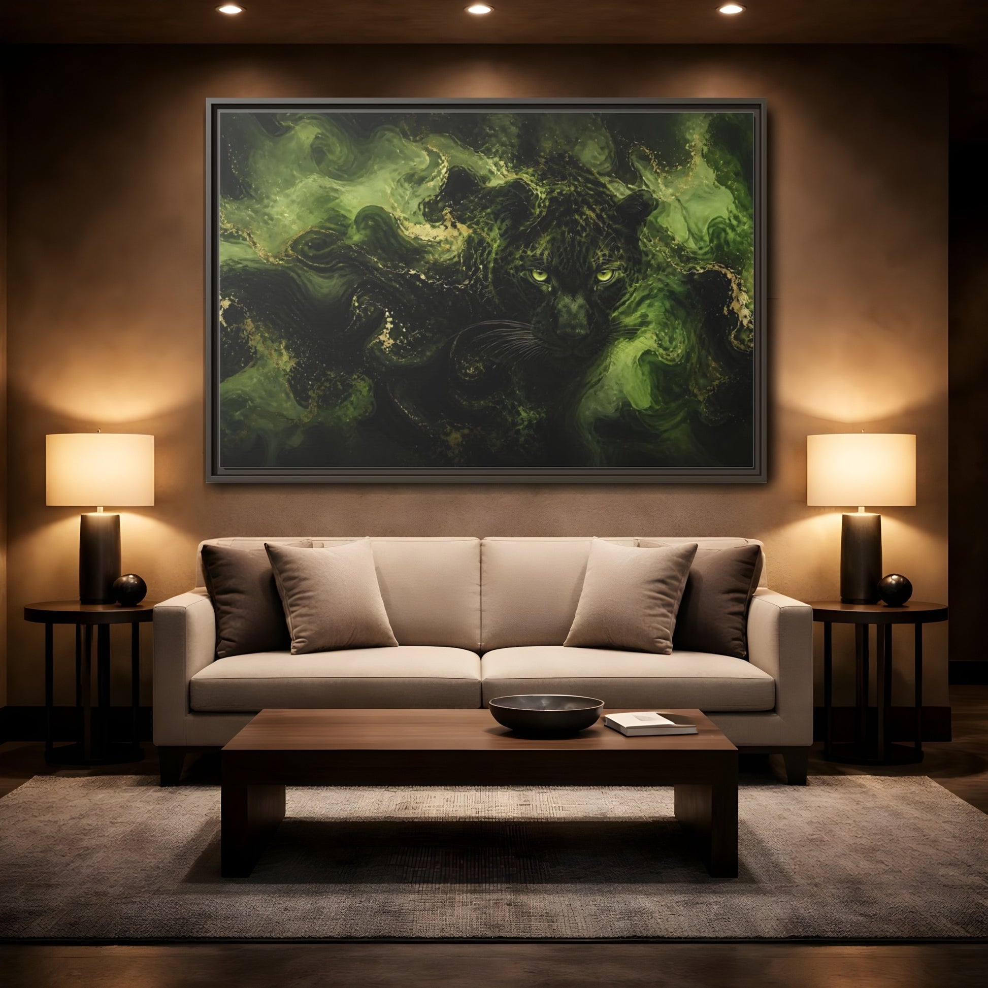 Mockup 2. Emerald Jungle Cat shown as framed canvas print