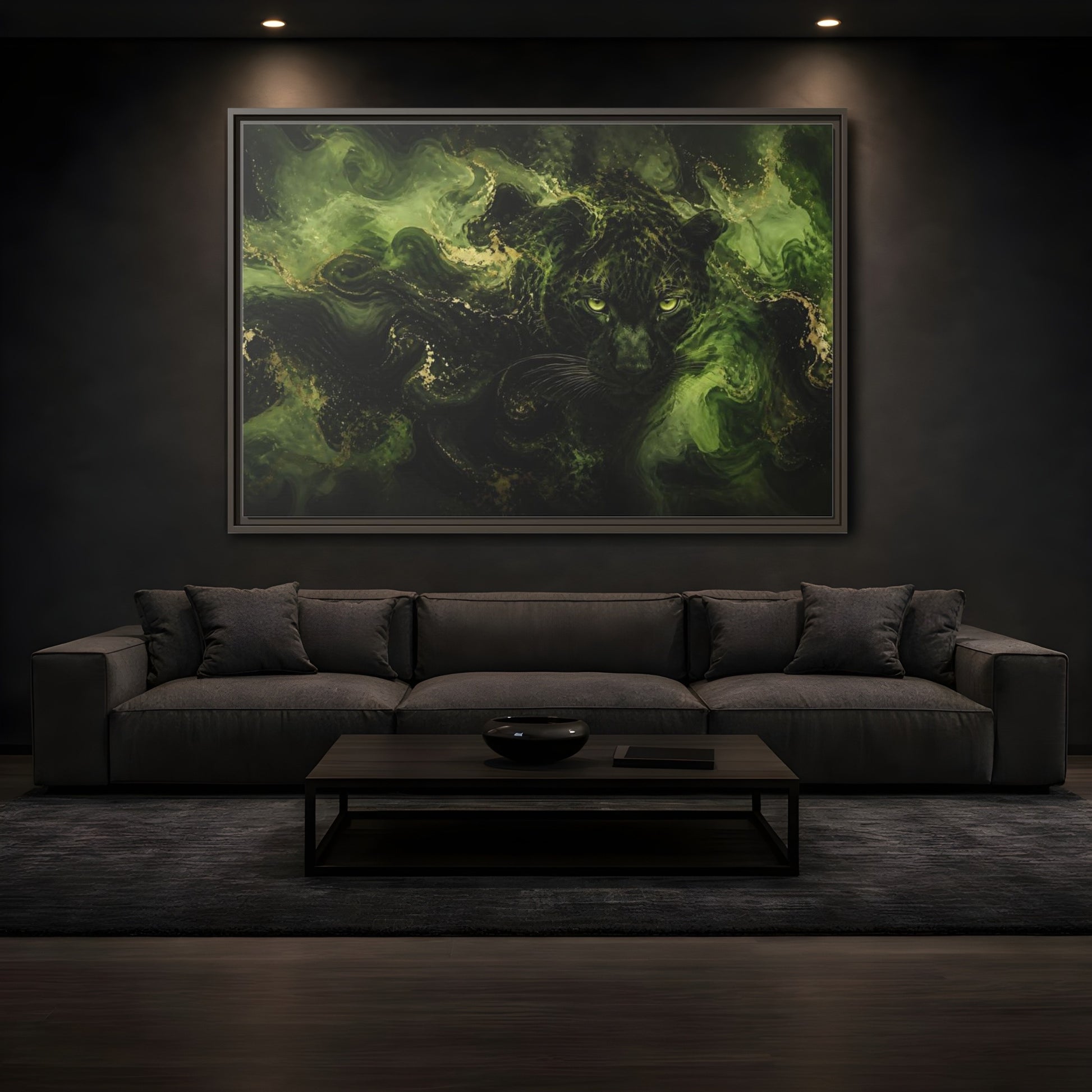 Mockup 3. Emerald Jungle Cat shown as framed canvas print