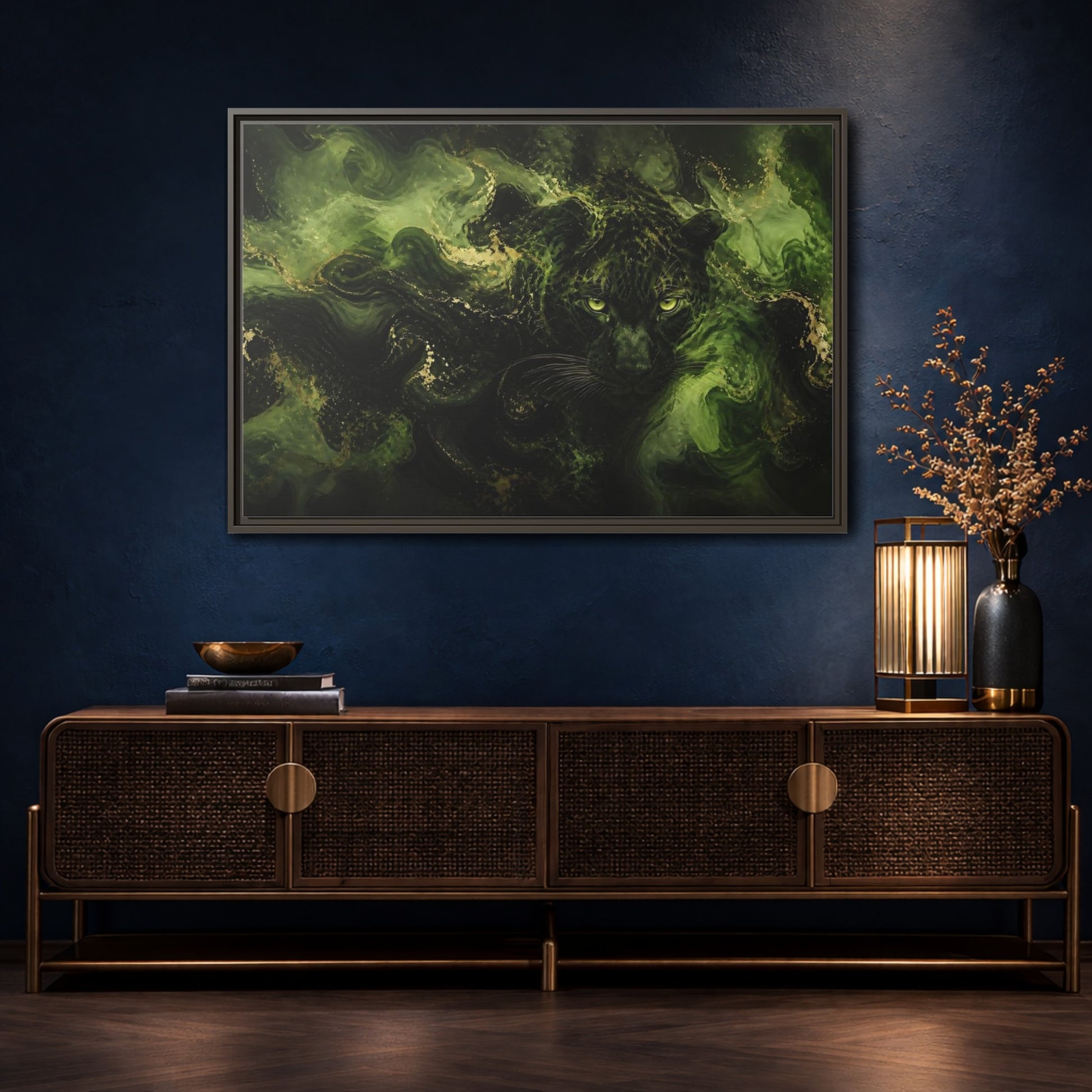Mockup 4. Emerald Jungle Cat shown as framed canvas print