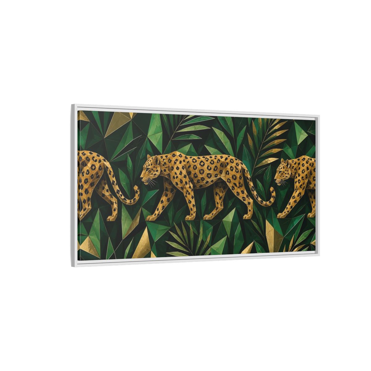 Side Mockup 3. Emerald Jungle Leopard shown as framed canvas print