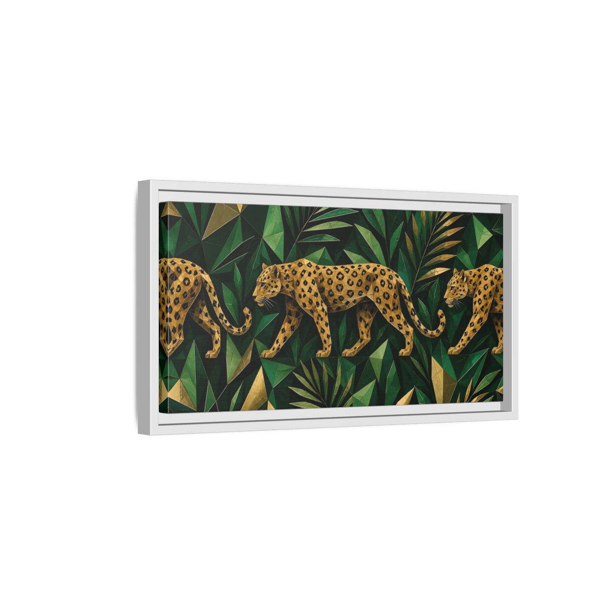 Side Mockup 6. Emerald Jungle Leopard shown as framed canvas print
