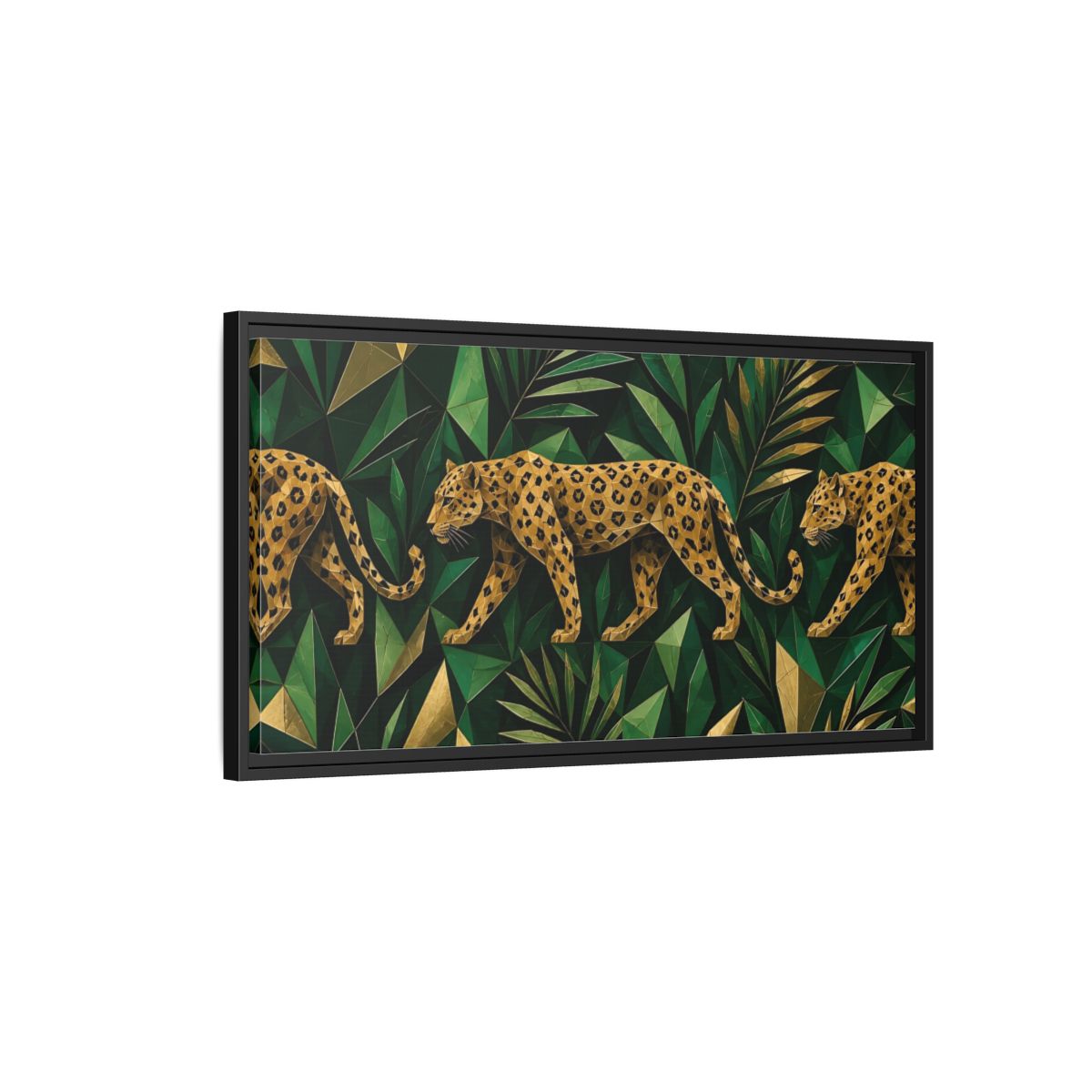 Side Mockup 2. Emerald Jungle Leopard shown as framed canvas print